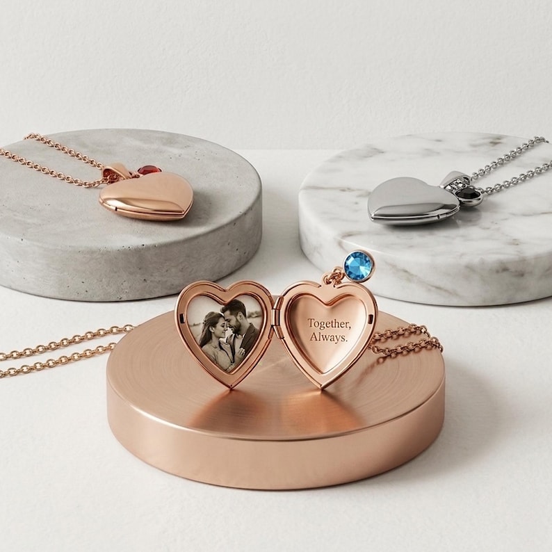 Personalized Heart Locket Gift Custom Photo Pendant Engraved Name Jewelry Birthstone Charm Necklace Memorial Keepsake Treasure Stainless Steel Quality Opening Picture Holder Rose Gold Silver Finish Options Family Remembrance Present