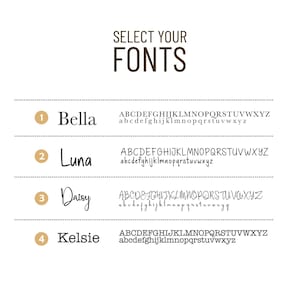 May include: An image showing font choices. The text "SELECT YOUR FONTS" is at the top. Four fonts are displayed: Bella, Luna, Daisy, and Kelsie, each with uppercase and lowercase alphabet examples.