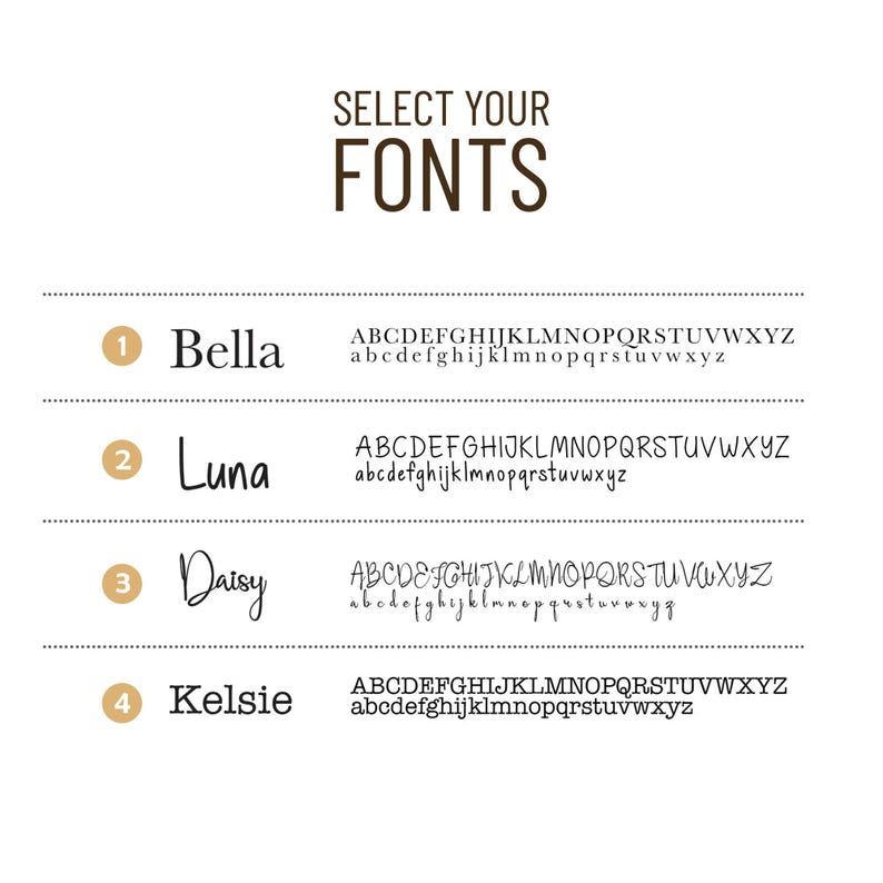 May include: An image showing font choices. The text "SELECT YOUR FONTS" is at the top. Four fonts are displayed: Bella, Luna, Daisy, and Kelsie, each with uppercase and lowercase alphabet examples.