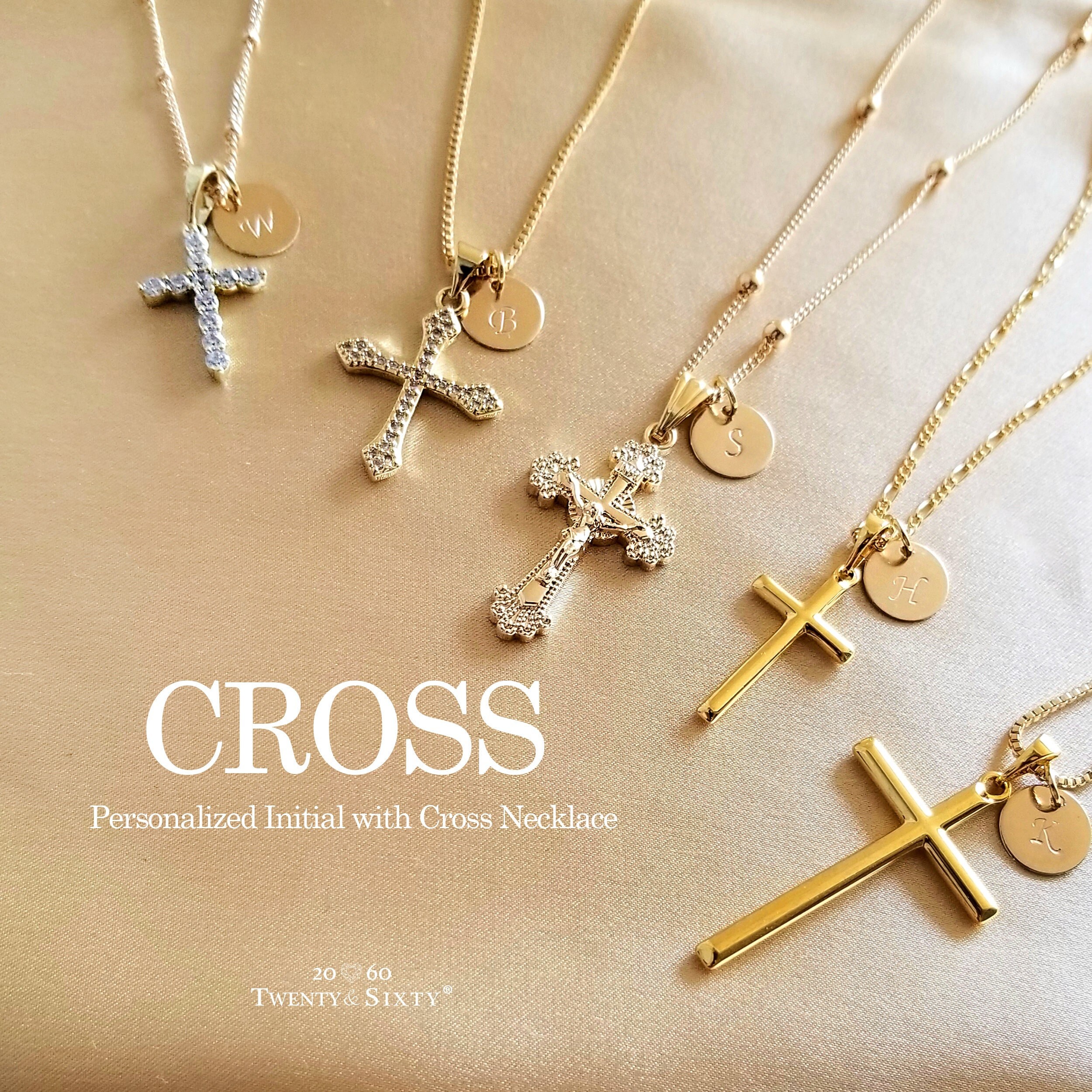 Gold Cross Necklace, Personalized Initial, Hand Stamp Disc, Religious Pendant, Gold Filled Cross Necklace, Birthday Gift, Christmas Gift