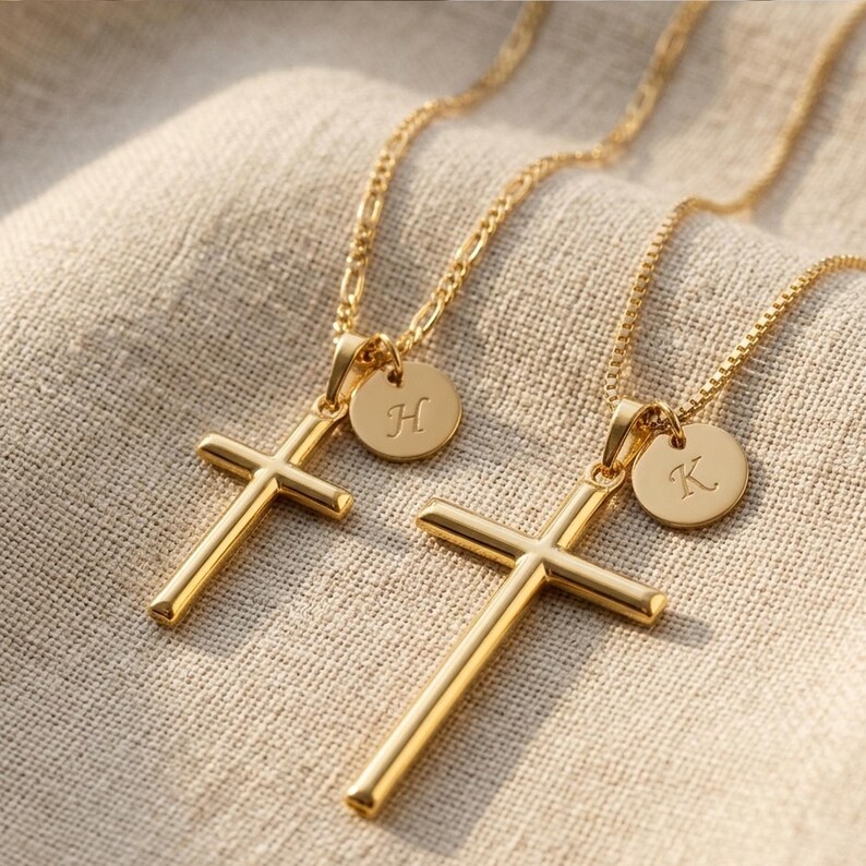 Personalized Cross Necklace Initial Pendant Baptism Gift Girl Confirmation Jewelry Woman Faith Symbol Christian Everyday Gold Handmade image 14