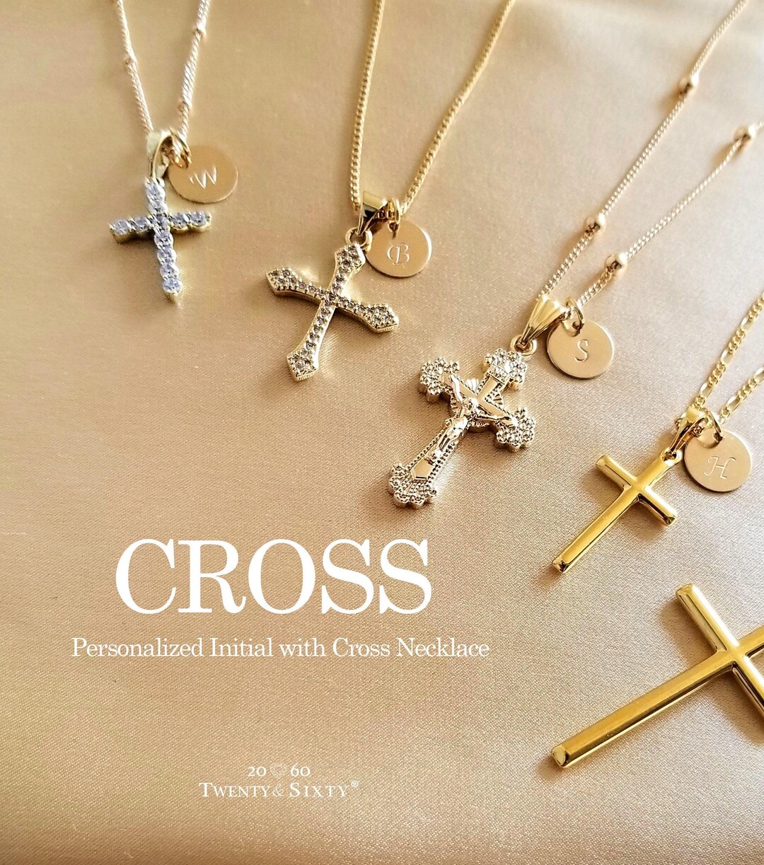Gold Cross Necklace, Personalized Initial, Hand Stamp Disc