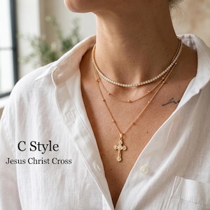 Gold Filled Necklace Personalized Cross Initial Pendant Handmade Religious Jewelry Woman Faith Symbol Everyday Accessory Baptism Gift Girl Confirmation Present Custom Engraved Monogram Disc Beautiful Spiritual Keepsake First Communion