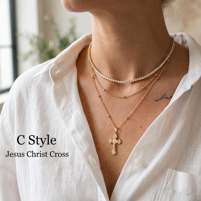 Gold Filled Necklace Personalized Cross Initial Pendant Handmade Religious Jewelry Woman Faith Symbol Everyday Accessory Baptism Gift Girl Confirmation Present Custom Engraved Monogram Disc Beautiful Spiritual Keepsake First Communion