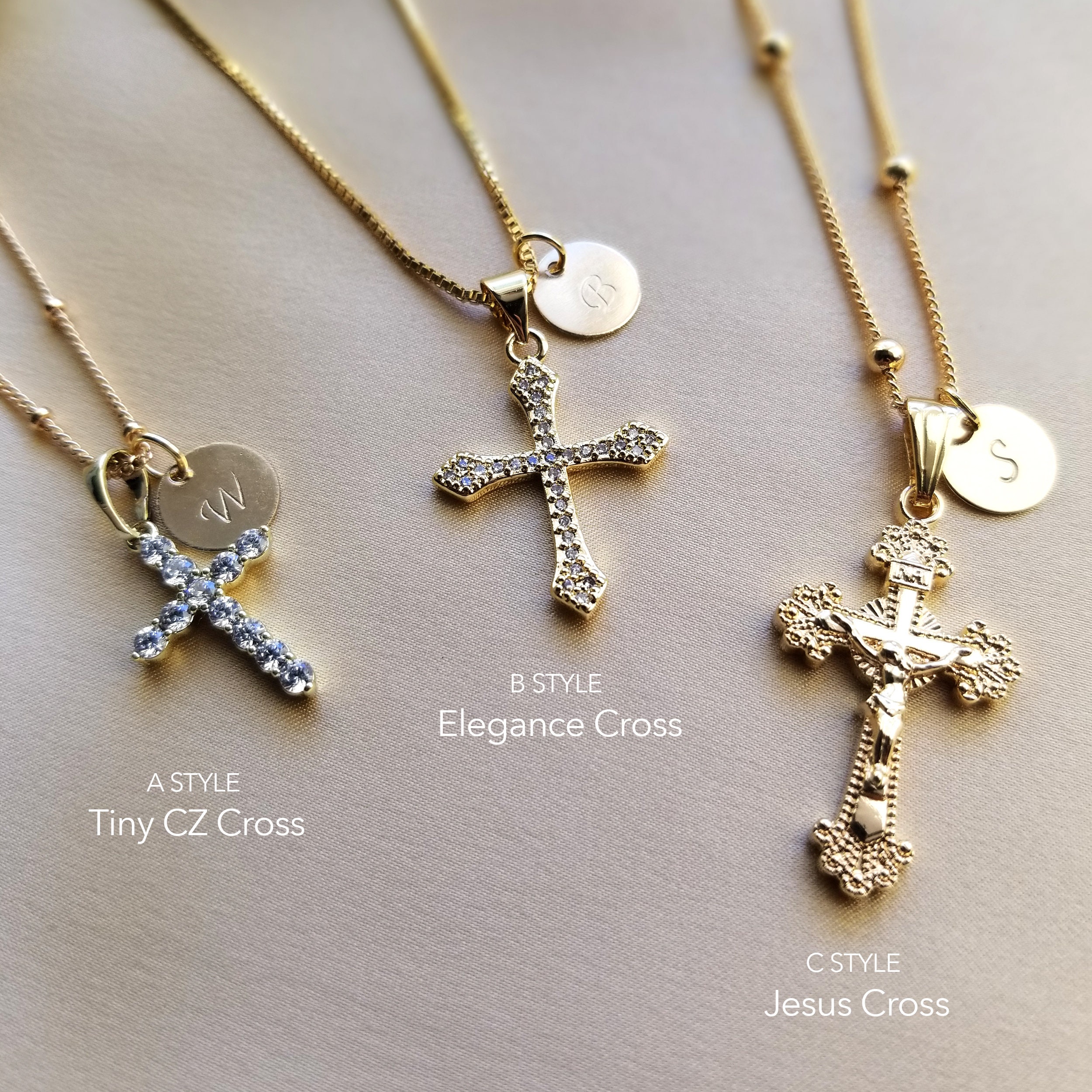 Gold Cross Necklace, Personalized Initial, Hand Stamp Disc, Religious Pendant, Gold Filled Cross Necklace, Birthday Gift, Christmas Gift