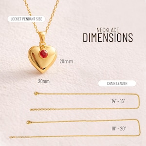 May include: A gold heart pendant necklace with a red gemstone. The pendant measures 20mm x 20mm. Chain lengths are 35.5cm-40.6cm and 45.7cm-50.8cm. The image includes the text "NECKLACE DIMENSIONS" and "CHAIN LENGTH".