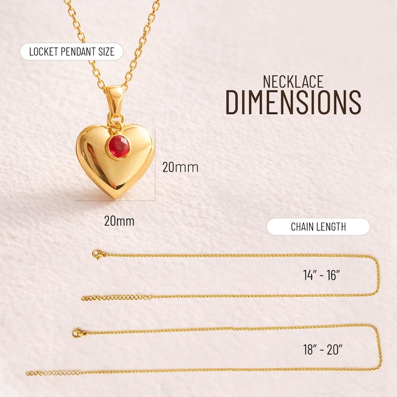 May include: A gold heart pendant necklace with a red gemstone. The pendant measures 20mm x 20mm. Chain lengths are 35.5cm-40.6cm and 45.7cm-50.8cm. The image includes the text "NECKLACE DIMENSIONS" and "CHAIN LENGTH".