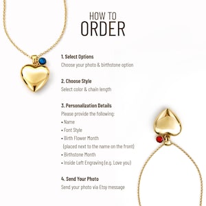 May include: Gold heart-shaped locket necklaces with a chain. The locket has a gemstone accent. The image includes the text "HOW TO ORDER" and instructions for personalization, including photo, birthstone, name, font style, and engraving.