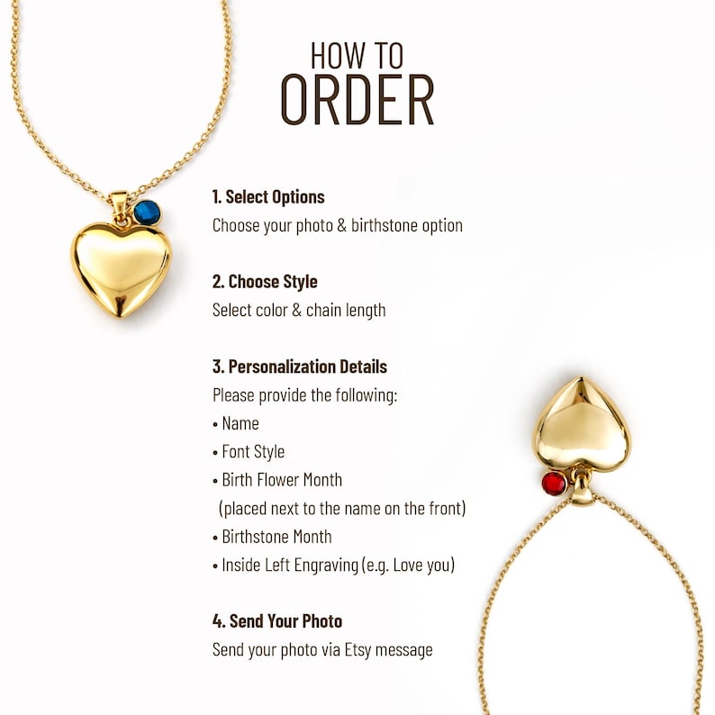 May include: Gold heart-shaped locket necklaces with a chain. The locket has a gemstone accent. The image includes the text "HOW TO ORDER" and instructions for personalization, including photo, birthstone, name, font style, and engraving.