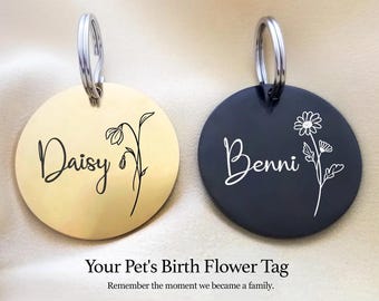 Pet Tag Cat Tag, Dog Tag, Birth Flower Tag, Personalized Pet Tag, Stainless Steel Pet ID, Key Chain, Gold / Rose Gold / Silver / Black
