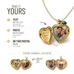 May include: A gold heart-shaped locket necklace with a chain. The locket opens to reveal a photo and the words "Forever Yours." The image also shows how to personalise the locket with text and photos. The text "Make it Yours" is at the top.