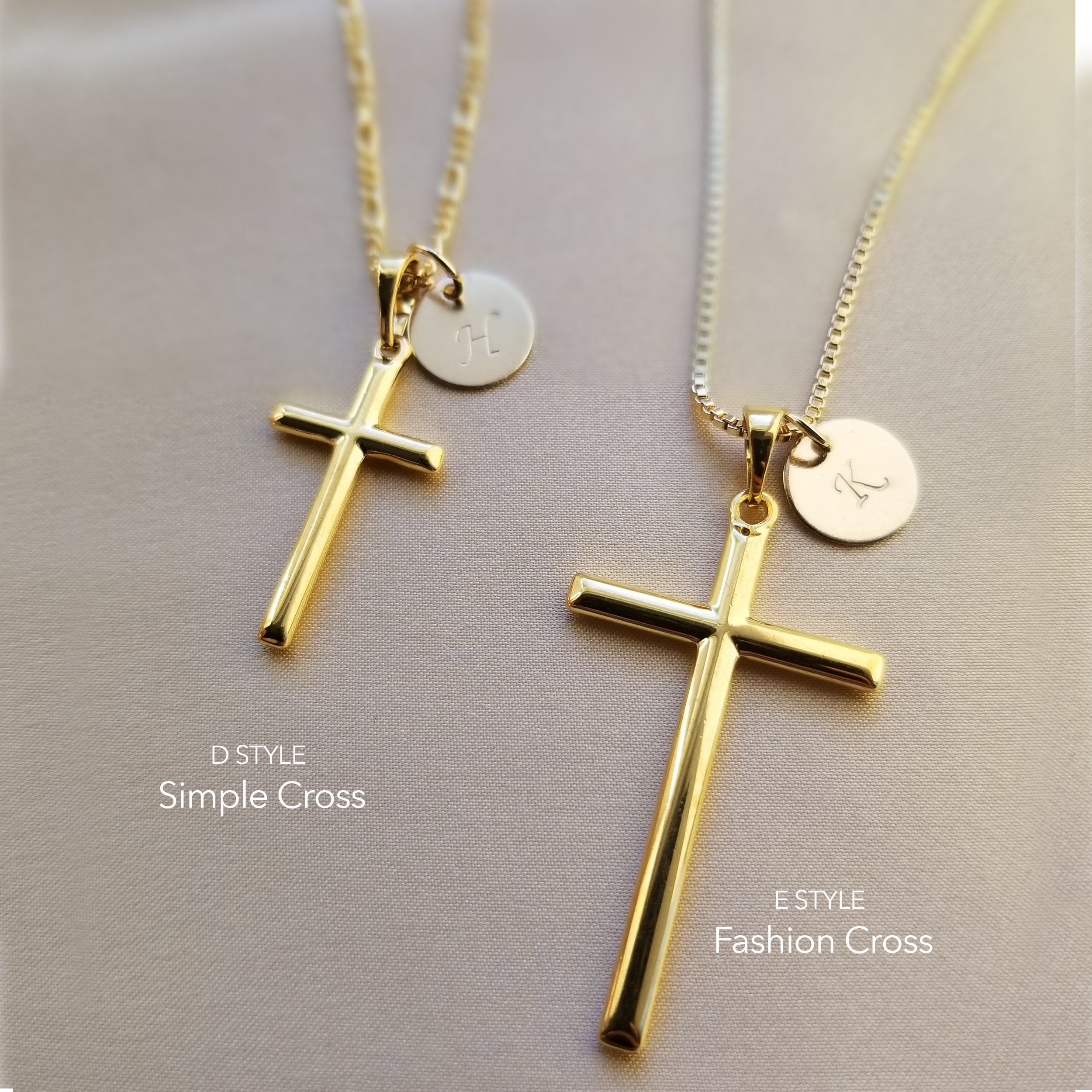 Gold Cross Necklace, Personalized Initial, Hand Stamp Disc, Religious Pendant, Gold Filled Cross Necklace, Birthday Gift, Christmas Gift