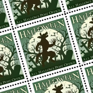New for 2024!  'WEREWOLF!' Green (All Hallows Post Office) Halloween stamps, sheet of 15
