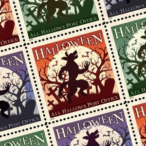 Nouveauté 2024 !  Loup-garou ! Feuille de timbres d'Halloween orange, violet et vert (All Hallows Post Office), feuille de 15
