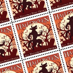 Nouveauté 2024 !  Loup-garou ! Timbres d'Halloween orange (All Hallows Post Office), feuille de 15