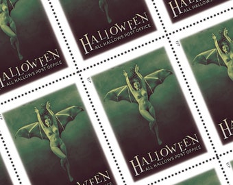 Sheet of 16 GREEN BATWOMAN All Hallows Post Office stamps for HALLOWEEN