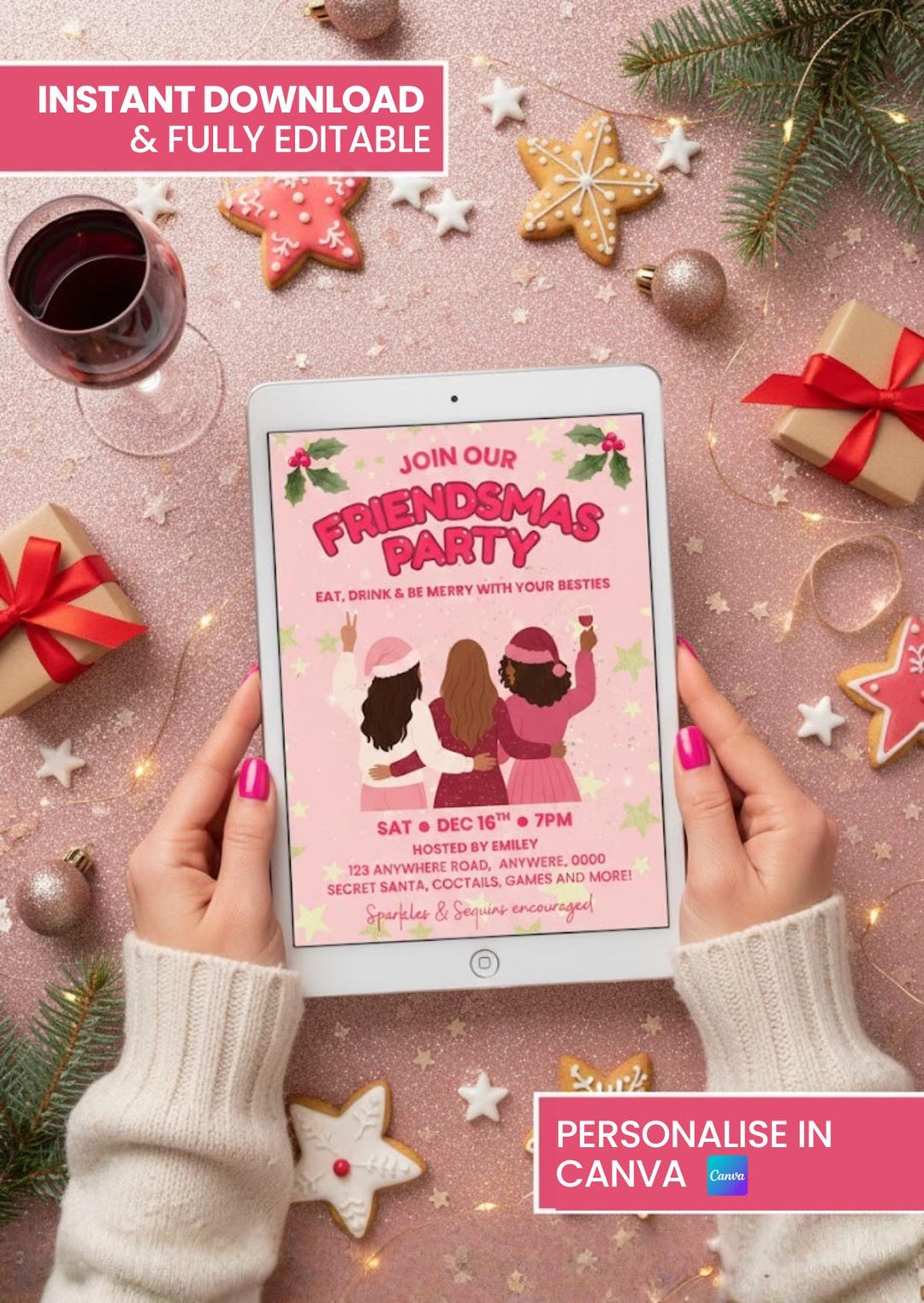 Editable Friendsmas Party Invitation Template Canva Instant Download