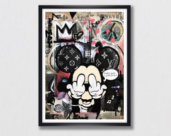 Mickey Mouse, Fashion Pop Art, Luxury Canvas, Paris LOVE less Hate, Comic, MixedMedia, Home Decor, Wall Art, Printable Download