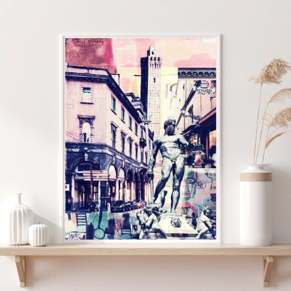 Bologna Italy, Urban Pop Art, City Old Town, Collage Design, colorful, Streets, Downtown, Statue, Wall Art, Home Decor, Printable Download