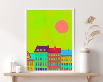 Köpenhamn Danmark Urban popkonst Collage Design grön gul Mitten av århundradet Hus Grunge Modern konst Färgglad Reslust Digital nedladdning