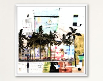 Miami Ocean Drive, urban popkonstklotter, designkollage, palmträdshabby, väggkonst i blandade medier, heminredning, utskrivbar nedladdning