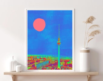Berlin Urban Popkonst Mitten av århundradet Collage Design Blå Stad Tyskland Shabby Grunge Modern Konst Färgglad Reslust Digital Nedladdning
