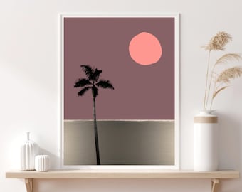 Palmträd, Mitten av århundradet, Modern konst, Collagedesign, Guld-auberginrött, Strandhav, Bra stämningar, Väggkonst, Heminredning, Utskrivbar nedladdning