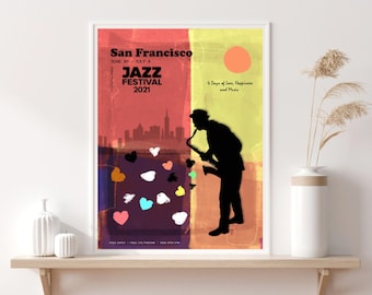 San Francisco Jazz Festival, Pop Art, Flyer Concert Music Vibes, LOVE, Skyline Saxophone Funky, Wall Art, Home Decor, Printable Download