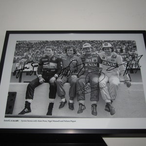 Ayrton Senna McLaren Formula 1 autograph Alain Prost - Nigel Mansell - Estoril Formula 1 Racing Iconic signed Black White Print