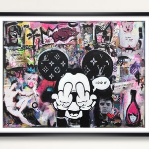 May include: A colourful mixed media painting featuring a black and white cartoon Mickey Mouse character with his middle fingers up. The background is a collage of images and text, including a Louis Vuitton logo, a pink pig, and the words "I did it."