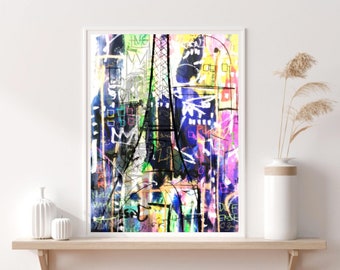 Paris urban popkonst färgglad design Eiffeltornet Vin Notre Dame gatukonst centrum funky bar gator modern konst utskrivbar digital nedladdning