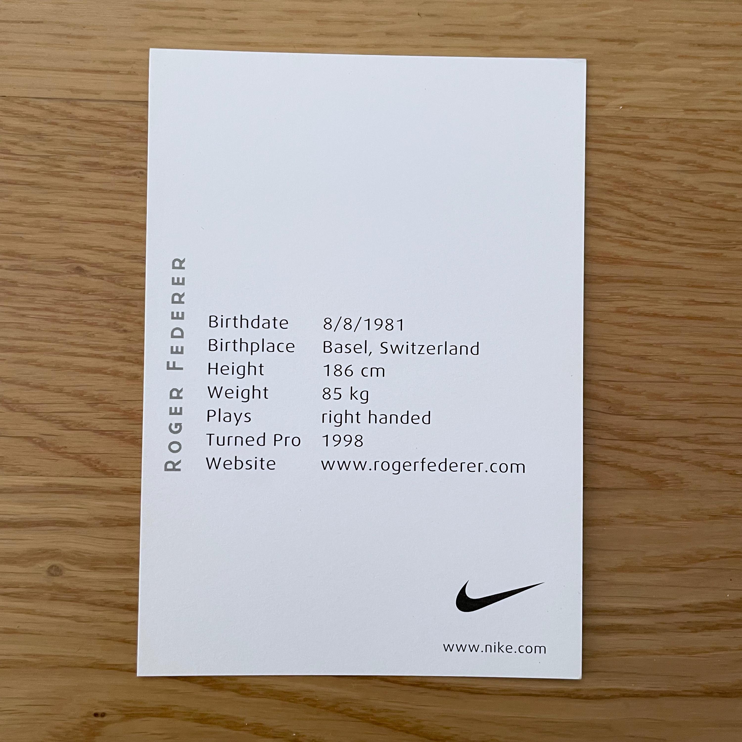 ロジャー・フェデラー、直筆サイン入りナイキカード ウィンブルドン