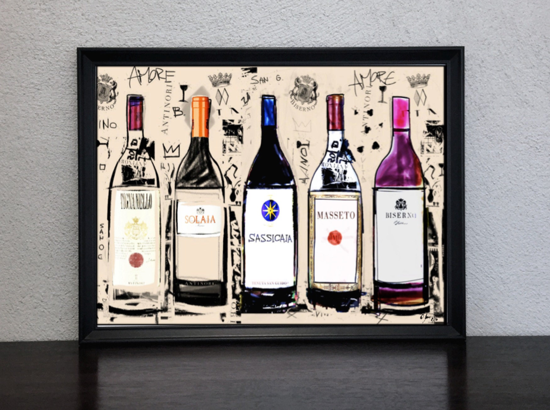 Wine Pop Art, Vino Italia Lifestyle Gastronomia, Sassicaia Tignanello Biserno Masseto, Arte Moderna Urban Wallart, Decor