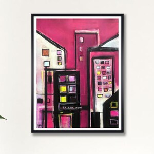 May include: Abstract painting of a city scene with pink, white, black, and yellow buildings. The text "TALLER.TA.PAS" is visible on one of the buildings.