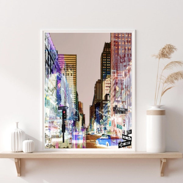 New York Urban Pop Art, Downtown 5th Avenue, Wall Decor, Collage Design Colorful Funky Streets good Vibes Printable Digital Download
