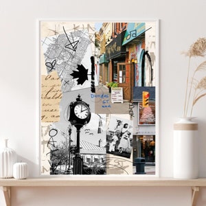 Könnte beinhalten: Eine Collage aus Bildern mit einer Vintage-Uhr, einem Straßenschild mit der Aufschrift "Dundas ST. west" und einem Gebäude mit einem Schild mit der Aufschrift "The Gift Shop". Die Collage besteht aus verschiedenen Texturen und Mustern, darunter Papier, Stoff und Farbe.