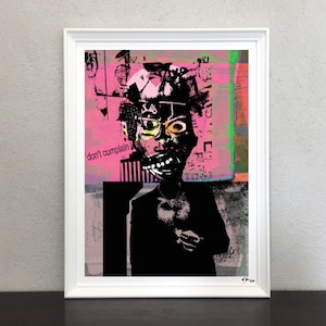 May include: A collage art print featuring a black and white image of a person with a colourful, abstract face. The background is a mix of pink, green, and white with the text "don't complain" visible.