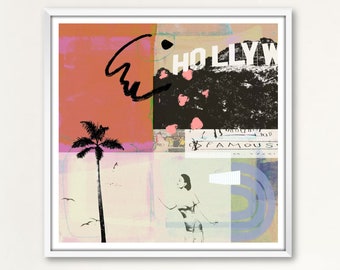 Hollywood, Urban Pop Art, Los Angeles, Vintage, Large Collage Design, Girl, Palmtree, MixedMedia Wall Art, Home Decor, Printable Download