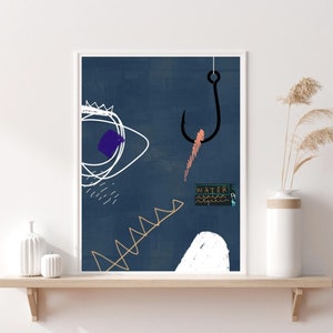 May include: Abstract art print with a blue background, white and black lines, a purple circle, a pink line, and a black fishing hook with the word "WATER" in green and blue text.