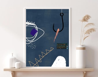 Pop Art, Grouper Fish, Dada, Modern Art, Ocean Funky Hook, Deep Blue, Home Decor, Wall Art, Printable Digital Download