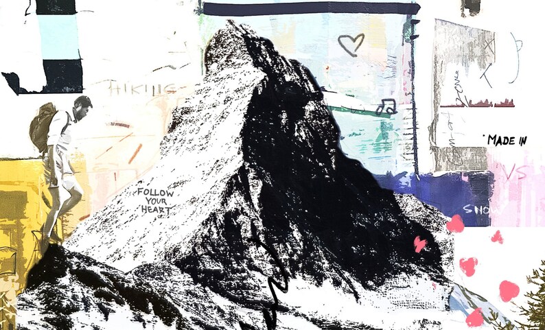May include: Abstract art print featuring a black and white mountain with a hiker ascending. The words "FOLLOW YOUR HEART" and "HIKING" are visible. The background includes a heart and the words "MADE IN".