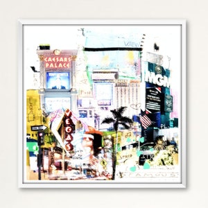 Könnte beinhalten: Eine bunte Collage aus Bildern und Texten zum Thema Las Vegas, Nevada. Die Collage enthält Bilder vom Las Vegas Strip, dem Caesars Palace Hotel und dem MGM Grand Hotel. Der Text enthält die Wörter "Vegas", "Strip", "Famous" und "MGM".