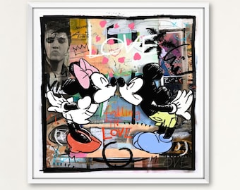 Mickey Mouse, Urban Pop Art Zoenen, Verliefd worden, Elvis, Minnie Mouse, Comic, MixedMedia Wall Art, Home Decor, Printable Download