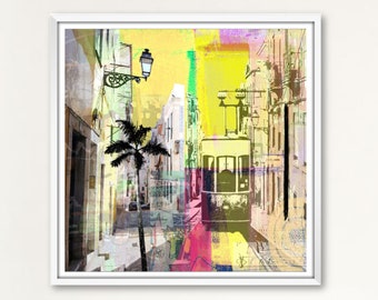 Lisbon, Large Pop Art, Portugal Lisboa, Vintage, City Old Town Palmtree Downtown, MixedMedia Wall Art, Home Decor, Printable Download