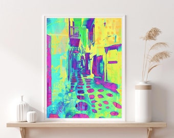 Mykonos Urban Pop Art, Greece, Old Town, Wall Decor Print Sketch, Collage Design Funky Streets good Vibes Printable Digital Download