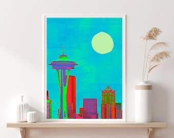 Seattle Skyline Urban Popkonst Space Needle Collage Design Mid Century Turkos Grunge Modern Konst Färgglad Reslust Digital Nedladdning