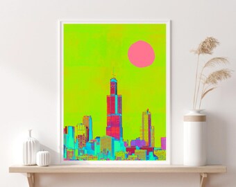 Chicago Urban Pop Art Mid Century Collage Design Grön Stadssilhuett Shabby Grunge Modern Konst Färgglad Reslust Digital Nedladdning