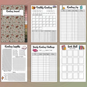 May include: A printable reading journal with six pages. The pages are designed to help you track your reading goals, log books you've read, and keep track of your reading insights. The pages feature a floral pattern, a book shelf, and a reading challenge.