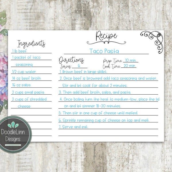 Whimsical Recipe Card Template, Printable Recipe Card, 3x5in, 4x6in, 5x7in