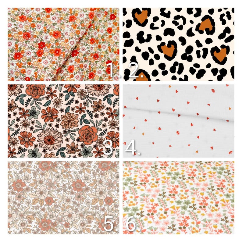 May include: A collection of six fabric swatches with various floral and animal print designs. The fabrics feature patterns of red, orange, and yellow flowers, a leopard print, small red hearts, and other floral arrangements in neutral tones.